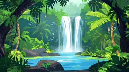 Poster featuring jungle landscape card background. Waterfall in rainforest, green tropical forest with palm trees, plants. Serene peaceful environment. Modern illustration.