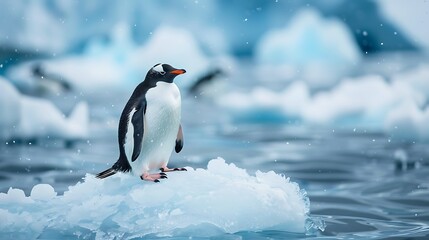 Penguin on an ice floe in the water