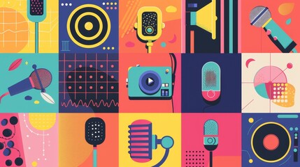 Podcast cover backgrounds. Audio broadcast, modern square-shaped card designs, social media posts collection with microphones, mics, play, sound tracks, and records. Trendy flat modern illustrations.