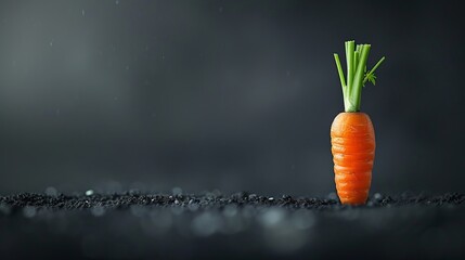 A single lively carrot in the corner. A modern and minimalist black background sets the tone for this composition, providing enough space to let your message stand out. - obrazy, fototapety, plakaty