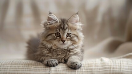 Portrait of Siberian kitten on a beige background