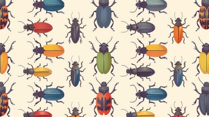 This seamless flat modern illustration features beetles with a repeating pattern design. Many insects on a background with printable texture. Suitable for textiles, fabrics, wrappings and wallpaper.