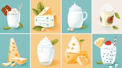 There are flat modern illustrations of dairy products, blank backgrounds, square designs. Milk, cheese, ice-cream, yogurt, natural food and drink. Promotion cards, empty spaces for advertising,