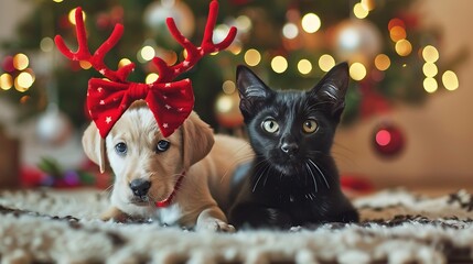 puppy and black cat posing with antlers at Christmas time