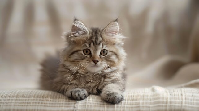 Portrait of Siberian kitten on a beige background