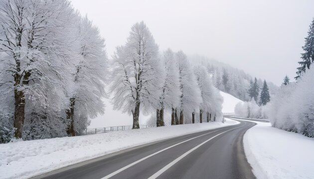 A winter road with snow covered trees running alongside, taken in Estavayer-le-Lac in Switzerland