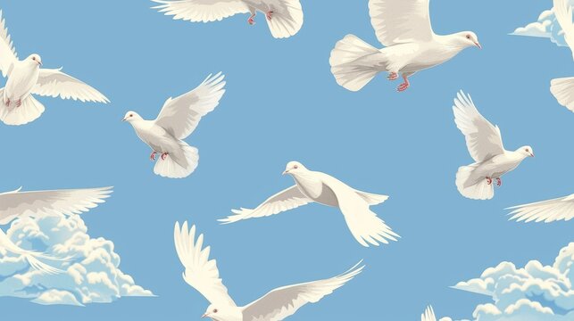 Seamless pattern of white winged feathered pigeons flying in the sky on a black background. It would make a great backdrop for fabrics, textiles, and wallpaper.