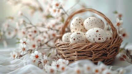 Fototapeta premium Easter background. Beautiful composition of colorful eggs and spring flowers on a delicate background. Spring holidays concept with copy space.