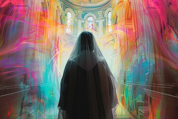 Illustration of a beautiful nun in church created with generative AI - obrazy, fototapety, plakaty