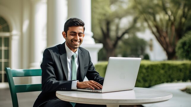 Smiling Businessman Working on Laptop Outdoors on a Sunny Day