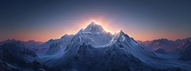 Zelfklevend Fotobehang A serene mountain landscape at dusk, with a mysterious glowing aura surrounding it, 3D render © BOMB8