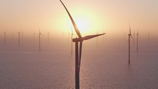 Aerial view of working offshore wind farm at ocean during sunrise, Netherlands