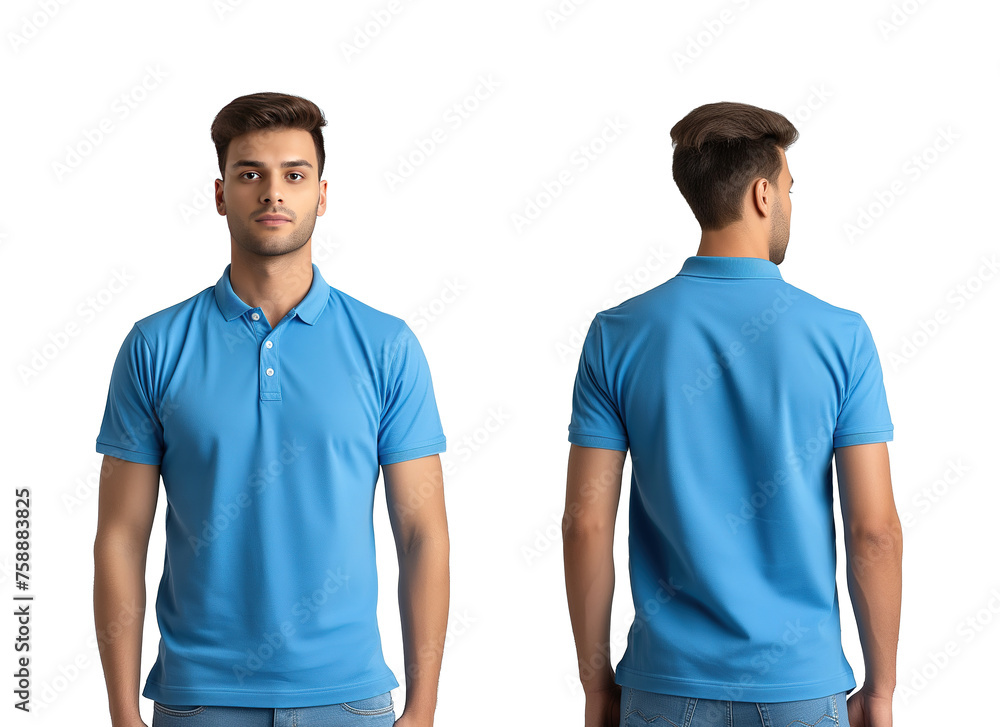 Wall mural Front and back views of a man wearing a blue polo shirt mockup template - Wall murals
