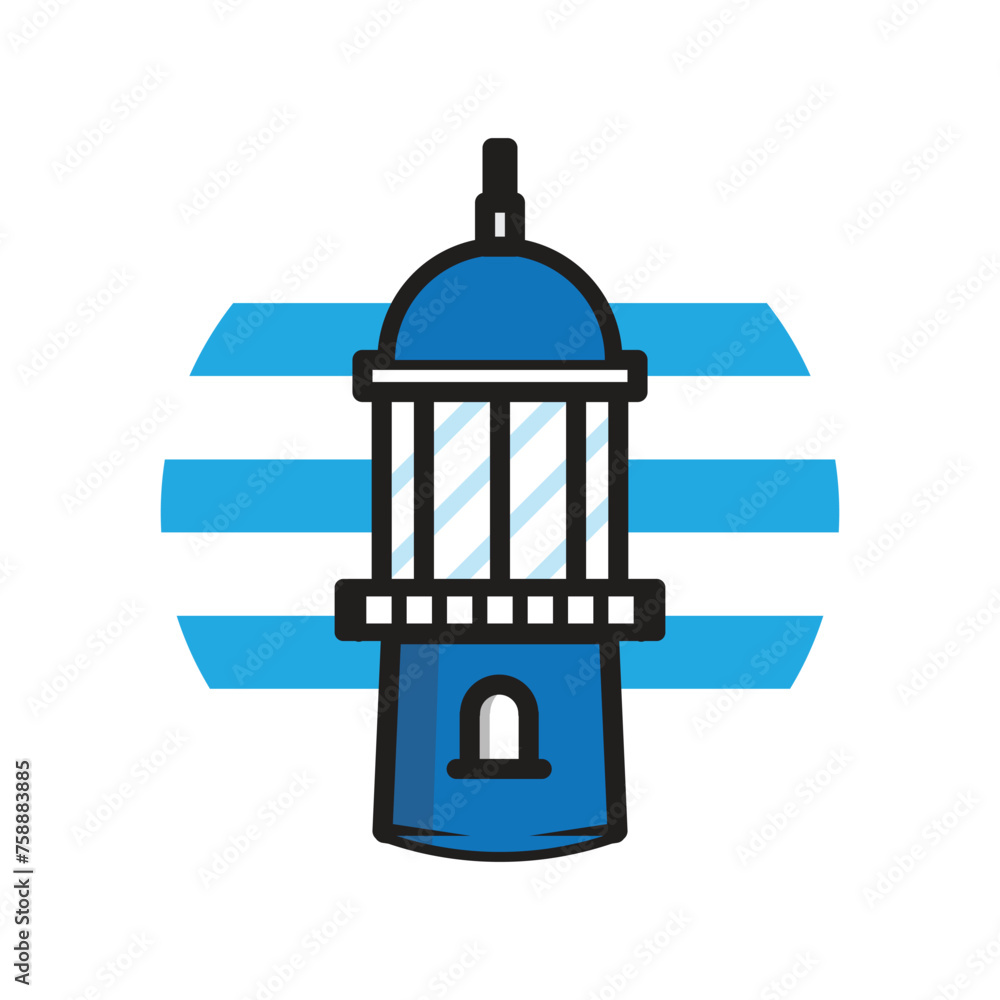 Poster this is a simple flat logo of a shield in blue color in cartoon style on a round shape of white and 