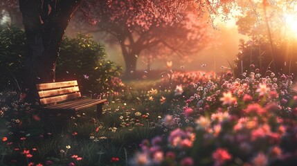 Drewniana ławka stoi na polu pełnym kwiatów w ciepłą wiosenną porę. - obrazy, fototapety, plakaty