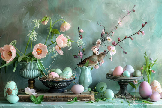 Modern Easter still life with spring blossoming flowers bouquet in vases and Easter eggs on concrete green background