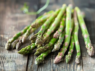 Green asparagus on wooden table.