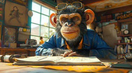 Against the backdrop of a cartoonists studio a mischievous monkey cartoon takes center stage as the muse for a brainstorming session like no other. Frame the scene as laughter fills the room