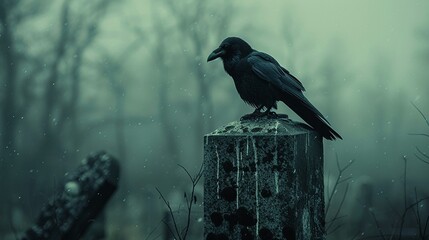 Against the backdrop of a desolate graveyard a crow perches atop a weathered tombstone - obrazy, fototapety, plakaty