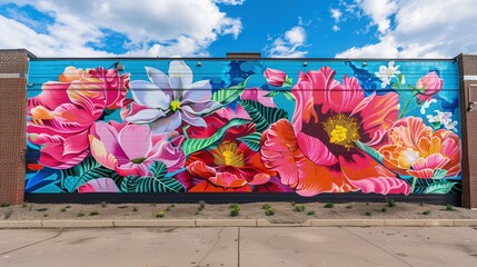Duży mural przedstawiający jasne, kolorowe obrazy związane z tematem wiosny, malowany na bocznej ścianie budynku.