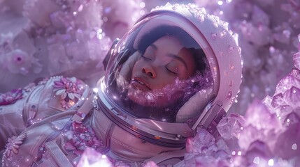 In a fantastic scene, an astronaut rests among oversized purple crystals under an ethereal light, suggesting themes of rest and exploration