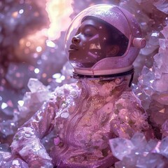 A detailed close-up of an astronaut's helmet reflecting a glittery environment, suggesting a narrative of space fashion and adventure