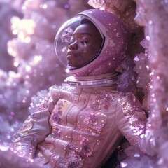 A astronaut dressed in a sparkling outfit is surrounded by crystal formations, visualizing the intersection of fashion and space exploration
