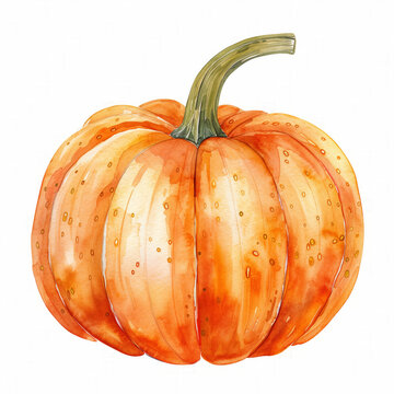Watercolor illustration of an orange pumpkin with dewdrops, isolated on white background, suitable for fall, Halloween, or Thanksgiving-themed designs with space for text