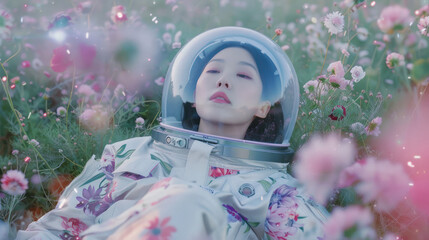 A dreamlike image featuring a young woman wearing a spacesuit with a floral design, lying on grass