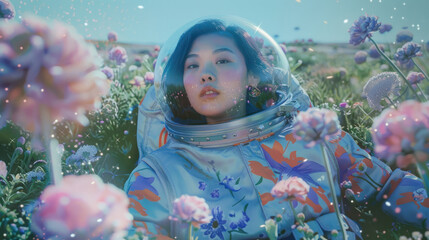 A whimsical portrayal of a woman astronaut surrounded by vibrant spring flowers under a blue sky