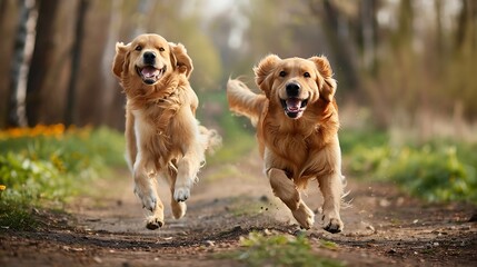 Two Golden retriever dogs running after each other in spring