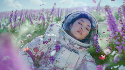 A serene scene of an astronaut taking a peaceful rest among a field of purple flowers