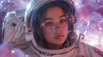 Close-up of a woman astronaut's face in illuminated helmet reflecting vibrant crystals