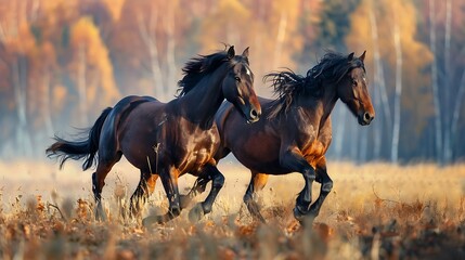 Two young horses running - obrazy, fototapety, plakaty