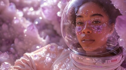 Close-up of an astronaut's face with pink crystalline structures adding a magical, surreal quality