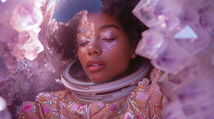 An astronaut in a dreamlike state with her visor sprinkled with glitter, surrounded by geometric shapes