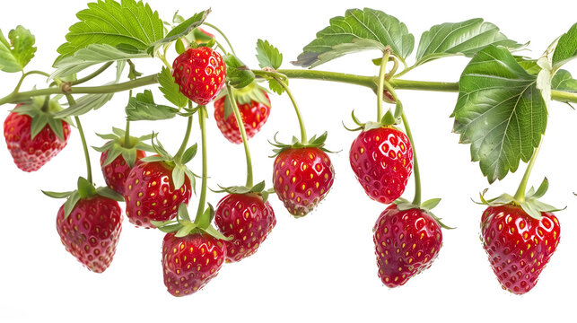 Ripe delicious strawberries branch, cut out, white background