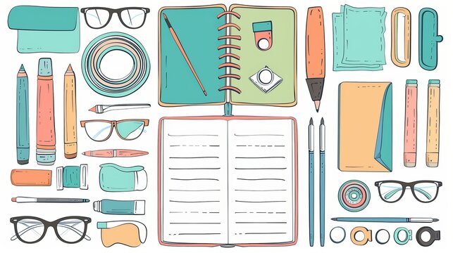 Top view of stationary supplies and art tools. Sketchbook, brush, paper note, tape, eyeglasses composition. Flat modern illustration isolated on white.