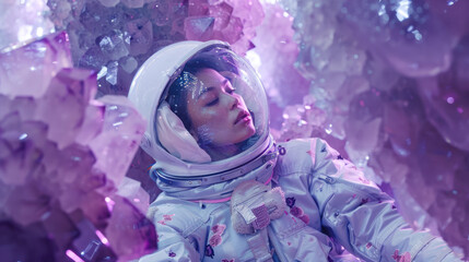 A cosmic explorer stands amidst a surreal landscape of large purple crystals, conveying a sense of discovery and wonder