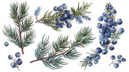 This is a vintage botanical drawing of a juniper tree with berries and needles. A coniferous herb with fruits cluster. This is a retro realistic detailed hand-drawn illustration of juniper.