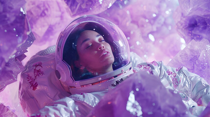 The focus is on the intricate space suit details as the astronaut navigates through a sparkling amethyst cave