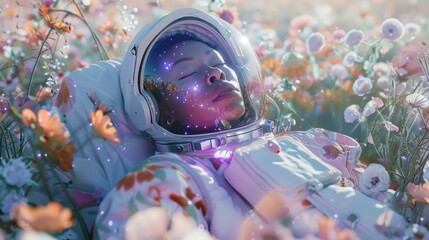 An astronaut sits amid vibrant wildflowers on a bright day, symbolizing a harmonious blend of technology and nature