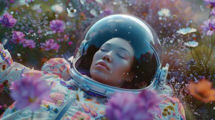 An astronaut surrounded by colorful flowers, depicting a contrast between technology and nature