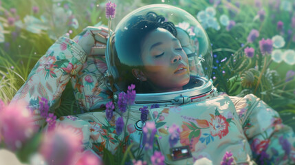 The image artistically captures the reflection of nature's beauty on an astronaut's space helmet visor