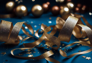 Close up on group of gold color of rolling ribbon and confetti on teal background with copy space...