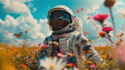 Serene image of an astronaut surrounded by a field of flowers and a butterfly suggesting calmness and wonder