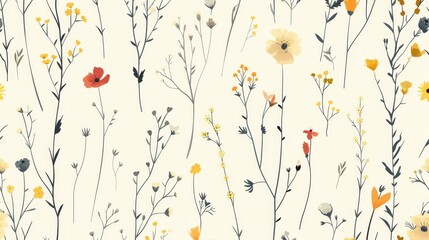 Floral patterns for wallpaper, textiles, fabrics. Plants and branches in bloom, delicate spring stems. Illustration. Botanical print on endless background. Botanical print.