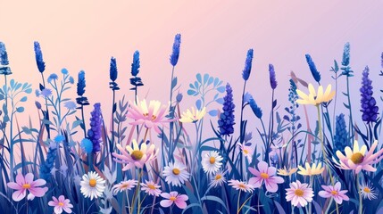 A twilight nature banner of blooming field flowers. Camomiles, cornflowers, wildflowers growing in a landscape panorama. Leafy plants in the countryside having blossoms. Modern illustration where - obrazy, fototapety, plakaty