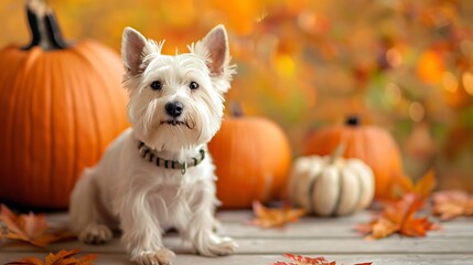 White Terrier dog decorated with photo props sits near orange pumpkins - obrazy, fototapety, plakaty