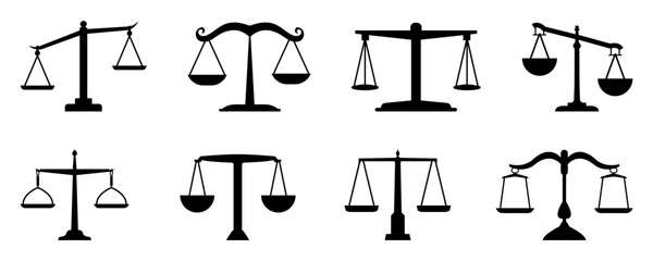 Balance scale or libra icon collection in black. Justice scales icons. Vintage scale in balance. Justice scales icon or risk evaluation symbol - obrazy, fototapety, plakaty